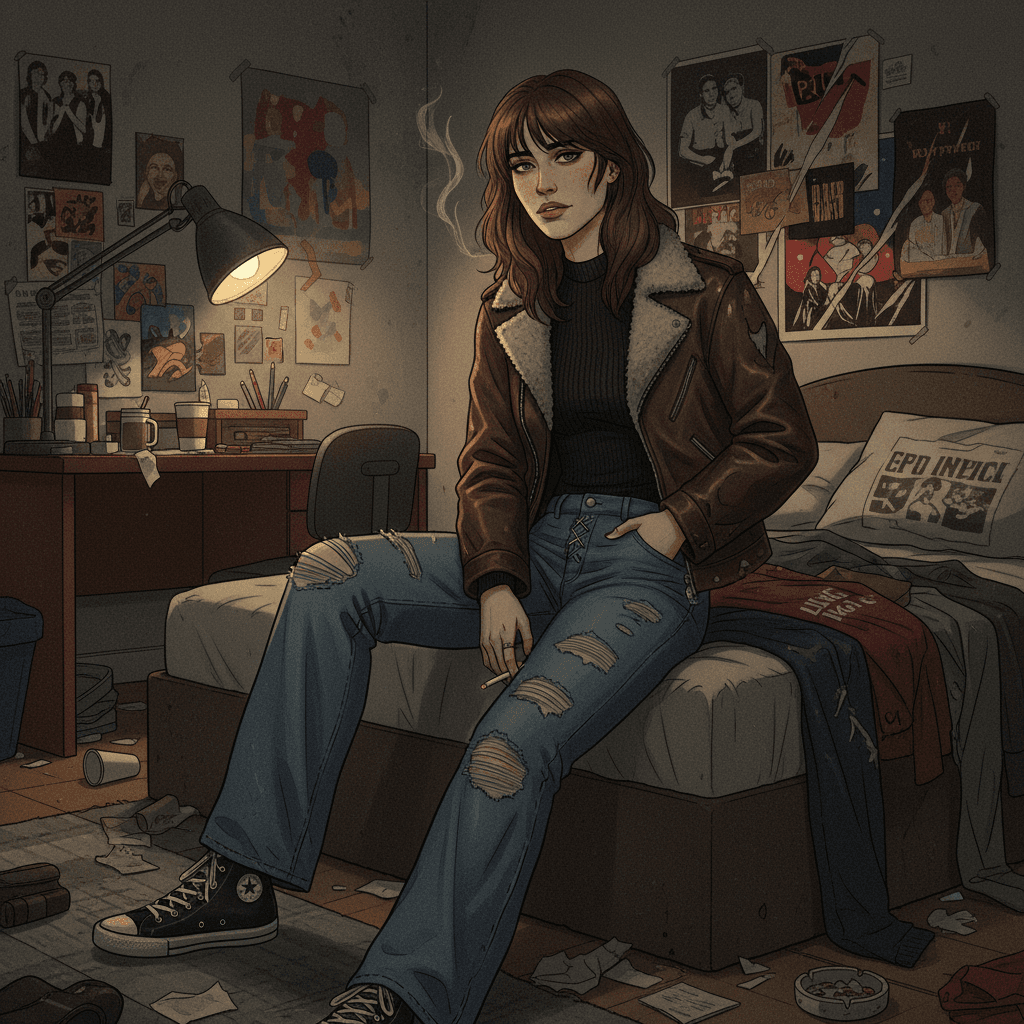 A semi-realistic illustration of a masc-androgynous woman in early 2000s grunge 