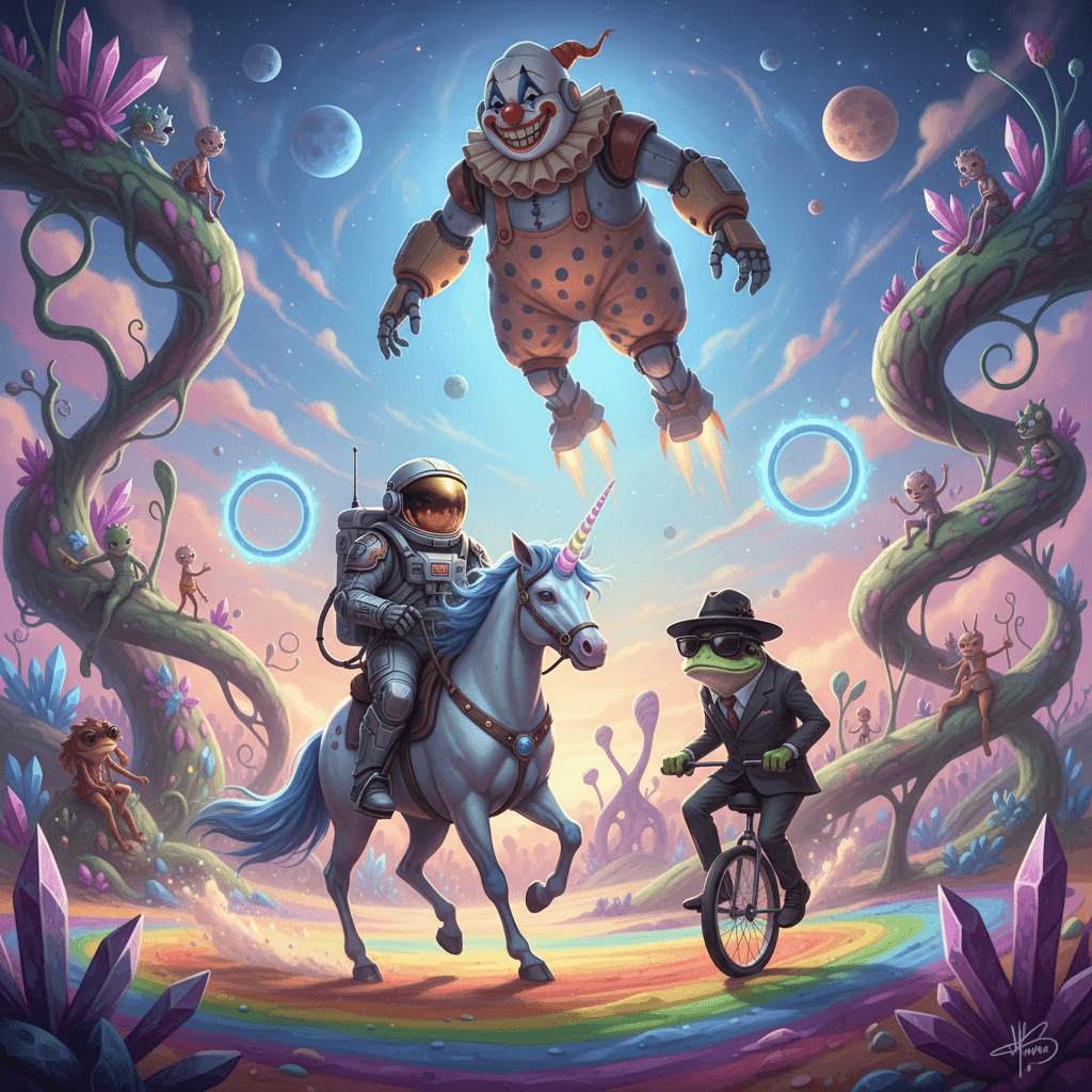 An astronaut riding a unicorn through an alien playground. A giant mecha shaped 