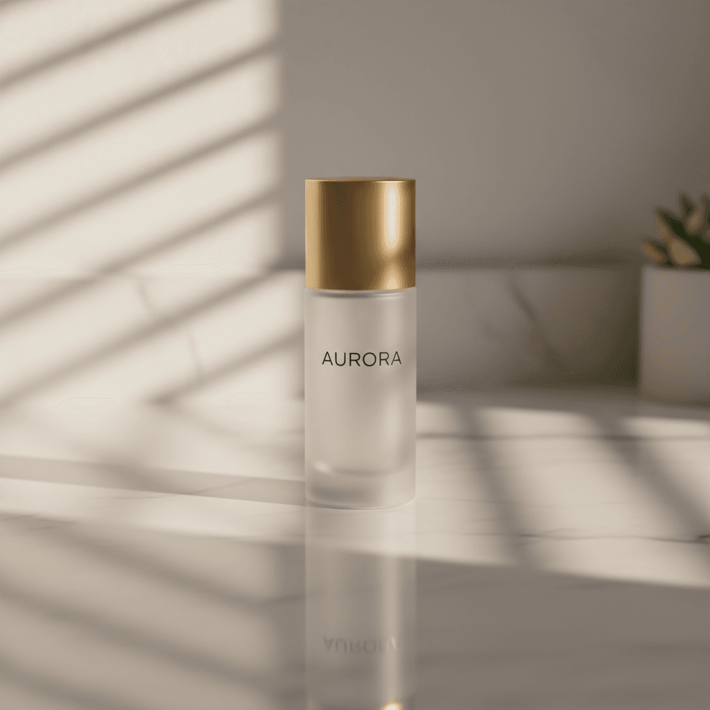 {
  "prompt": "Minimalist luxury skincare bottle on a white marble counter bath