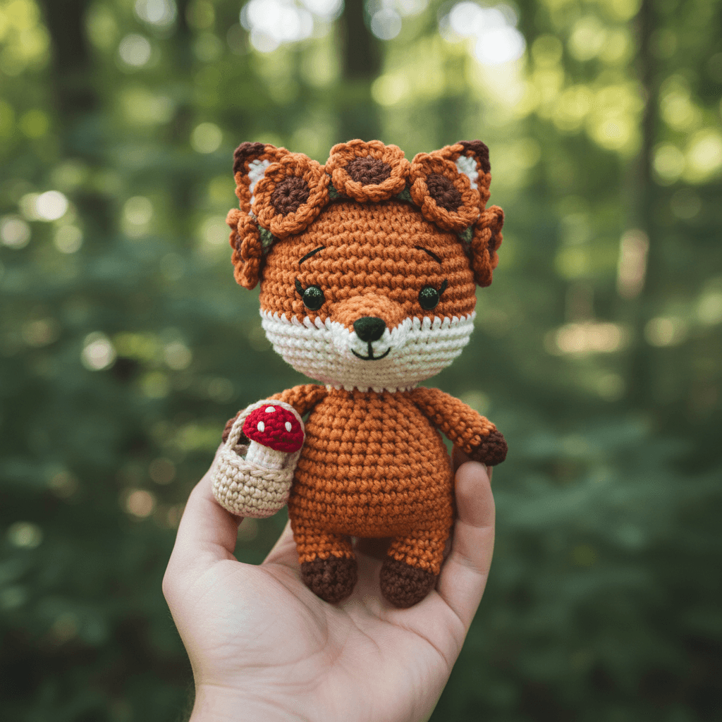 A close-up of a crocheted fox toy in burnt orange and cream white, held in a han