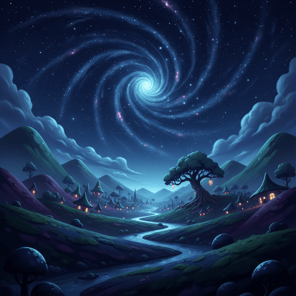 A stunning starry night in a 3d landscape with a sleepy little village in the ba