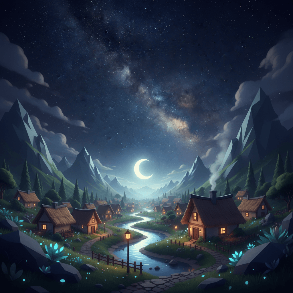 A stunning starry night in a 3d landscape with a sleepy little village in the ba
