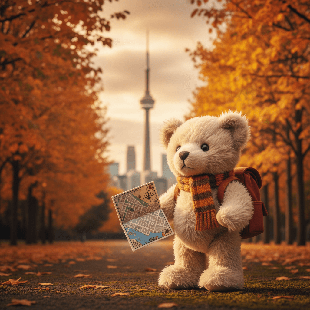 Cute fluffy teddy bear, standing in front of Toronto skyline with CN Tower in th