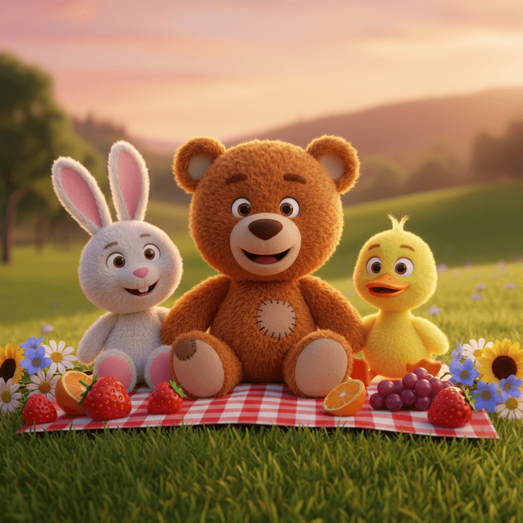 A 3D Pixar-style teddy bear sitting on a checkered picnic blanket with plush bun