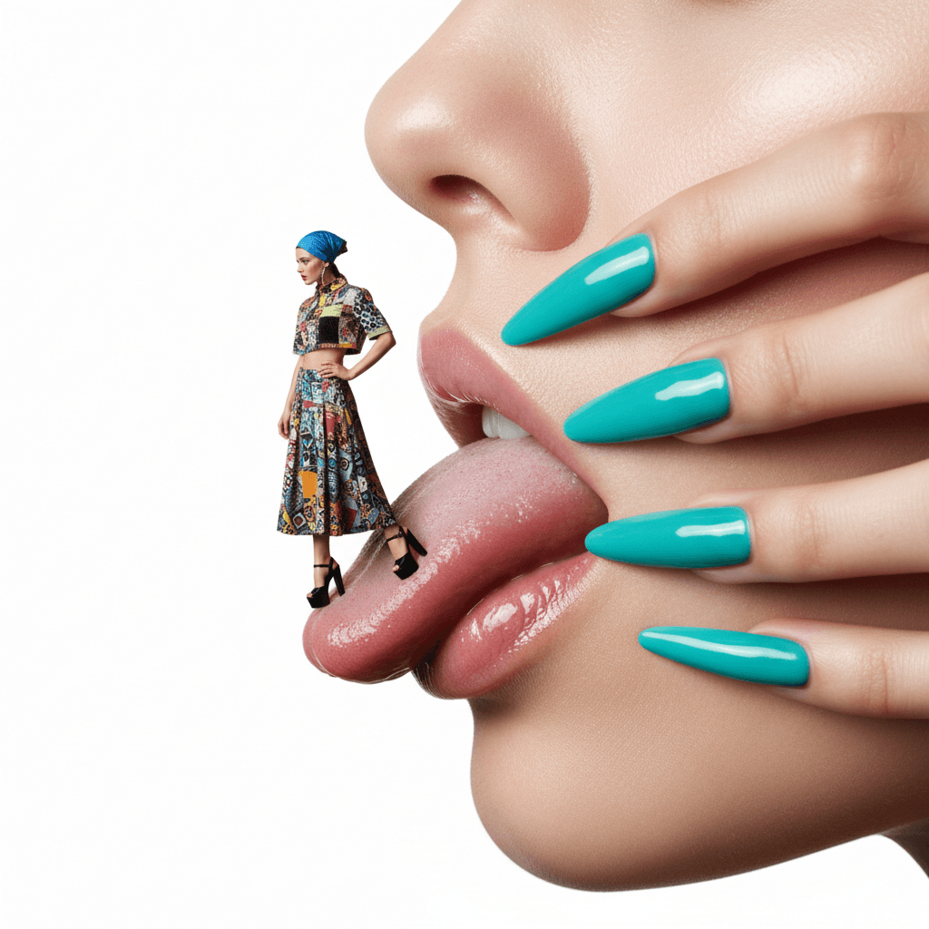 High-fashion conceptual editorial photograph, surreal composition of a close-up 
