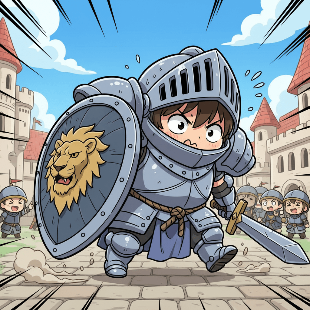 Chibi warrior knight in heavy armor too big for his body, dragging a shield twic