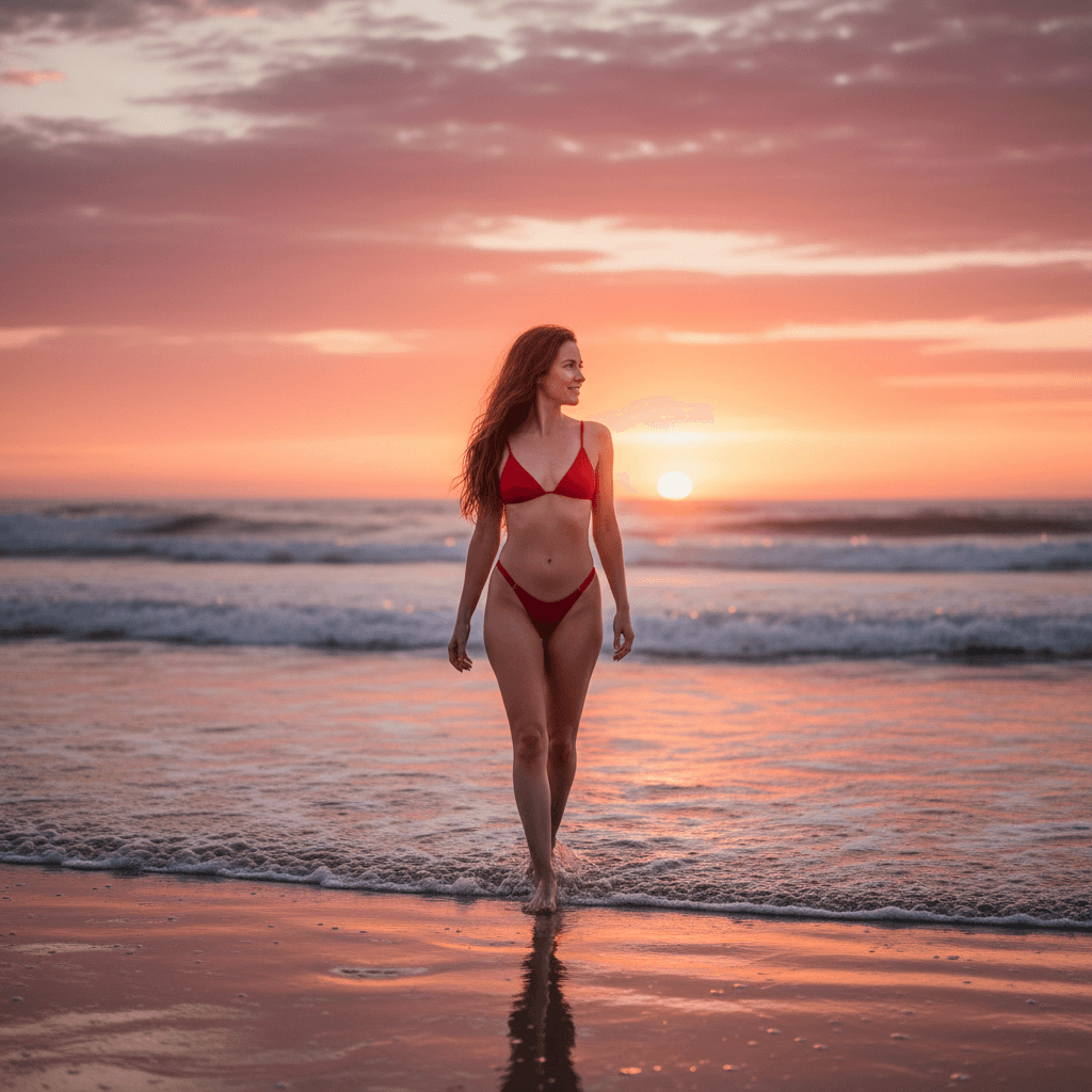 "A golden-hour beachside portrait of a woman walking barefoot along the shorelin