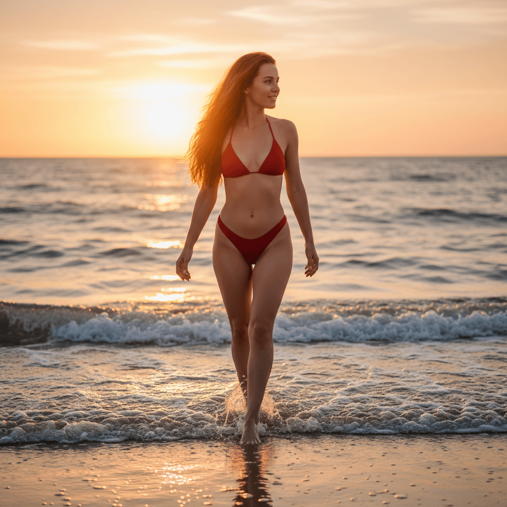 "A golden-hour beachside portrait of a woman walking barefoot along the shorelin