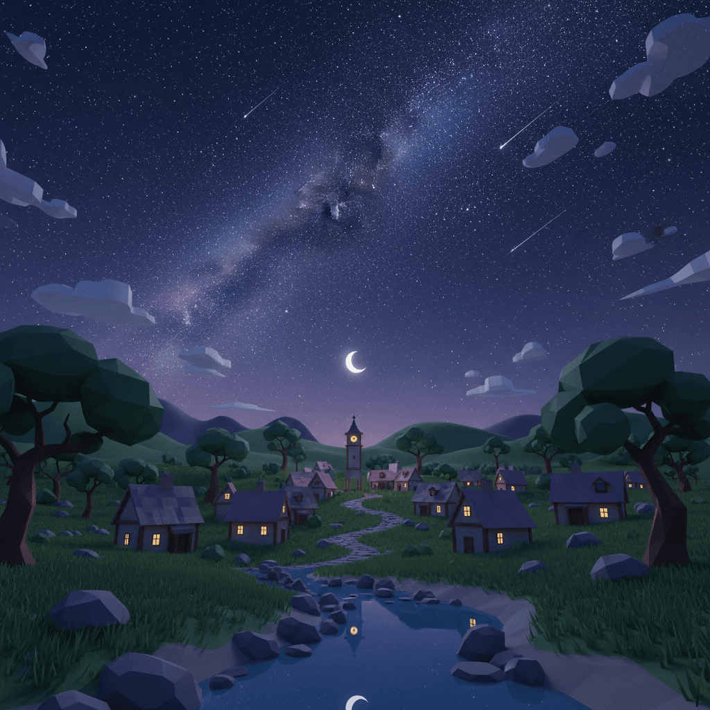 A stunning starry night in a 3d landscape with a sleepy little village in the ba