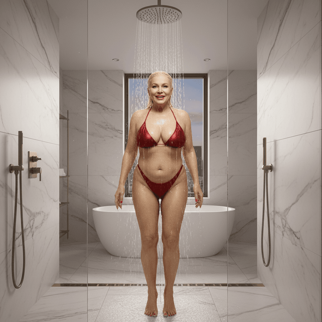 una donna di 60 anni bionda chubby con smalto rosso su mani e piedi, indossa un 