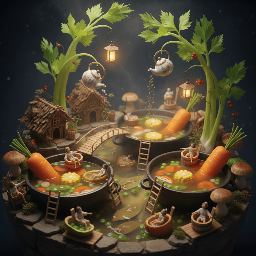 A cozy miniature village built around bubbling hot springs of vegetable soup. Ti