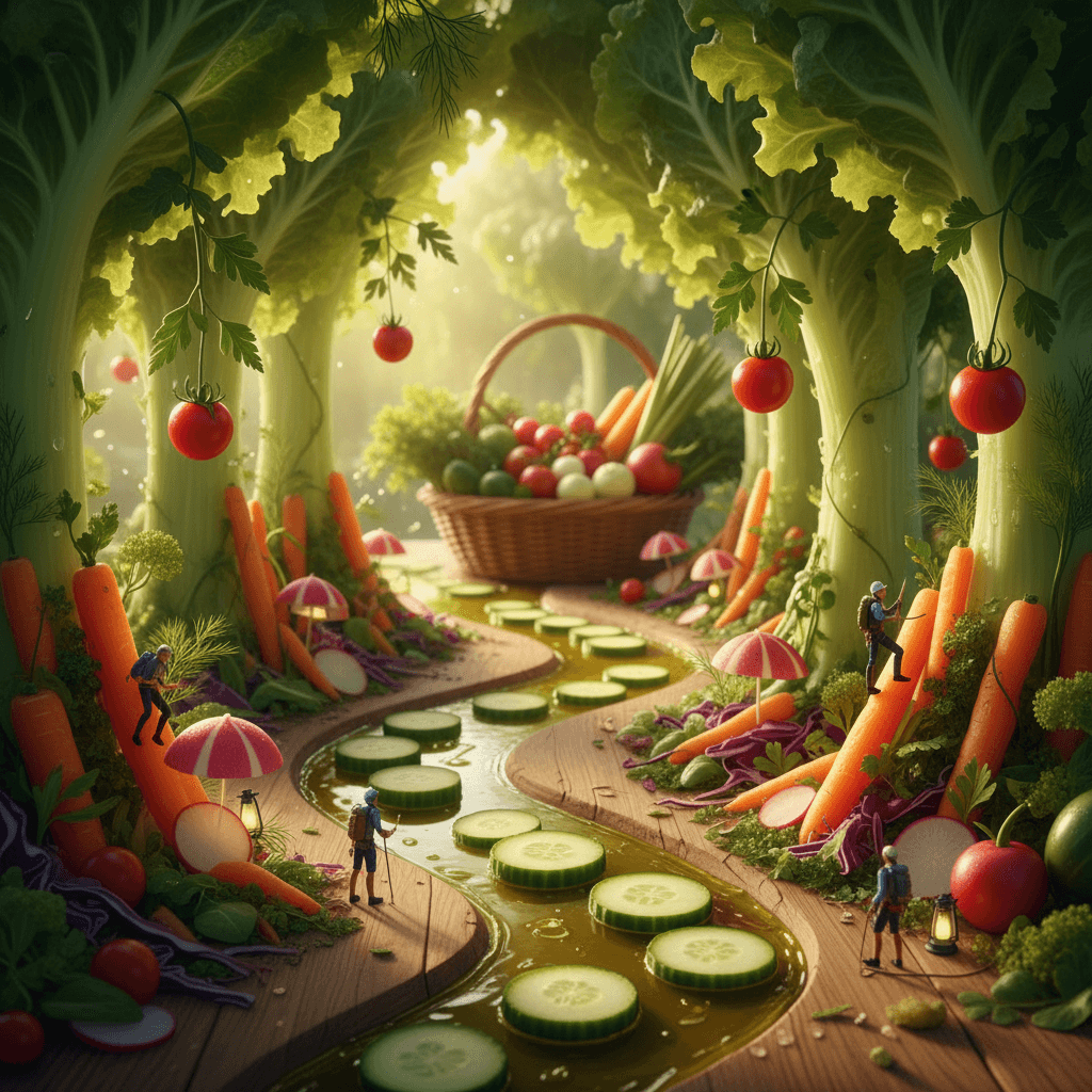 A vibrant miniature jungle where giant lettuce leaves form towering trees, cucum