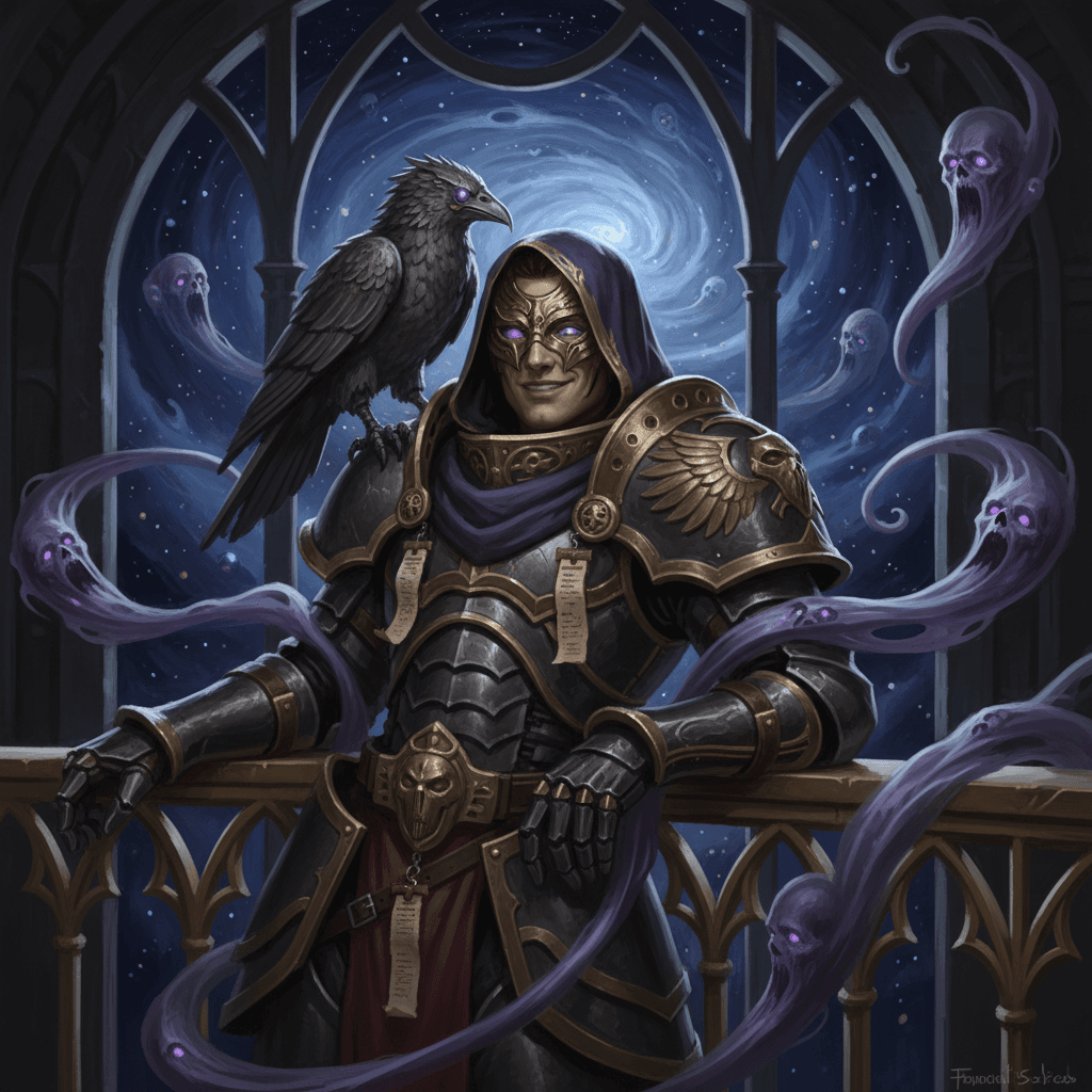 A fully painted official Rogue Trader–style portrait. A young male Rogue Trader 