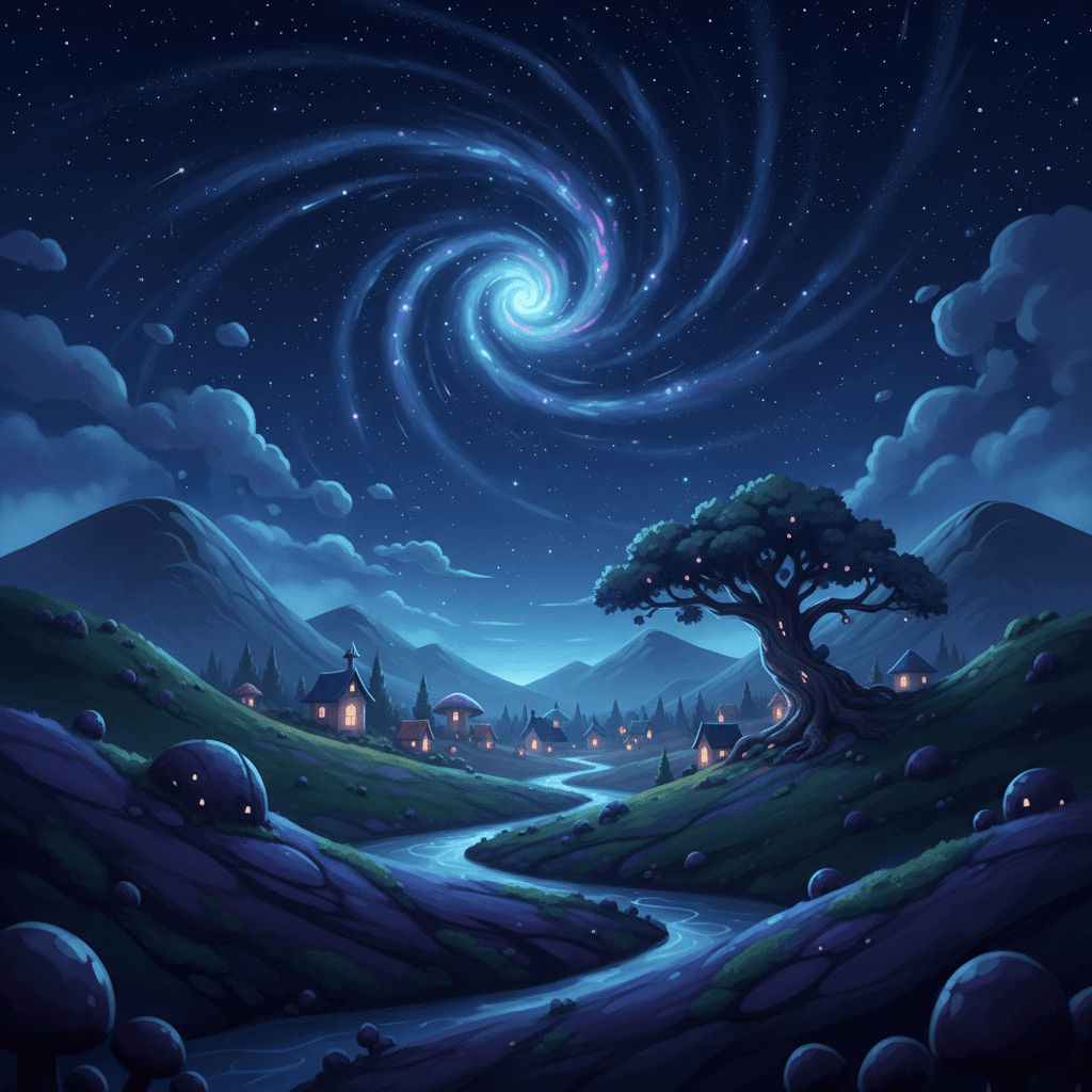 A stunning starry night in a 3d landscape with a sleepy little village in the ba