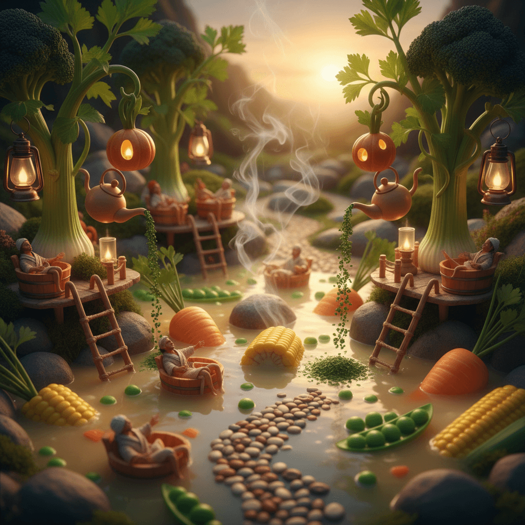 A cozy miniature village built around bubbling hot springs of vegetable soup. Ti