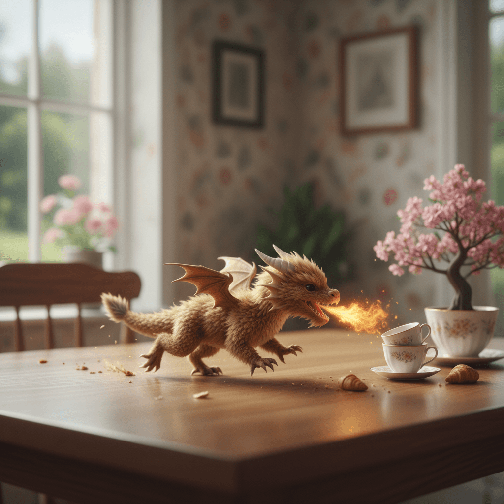 cute tiny dragon firing on a table and running.