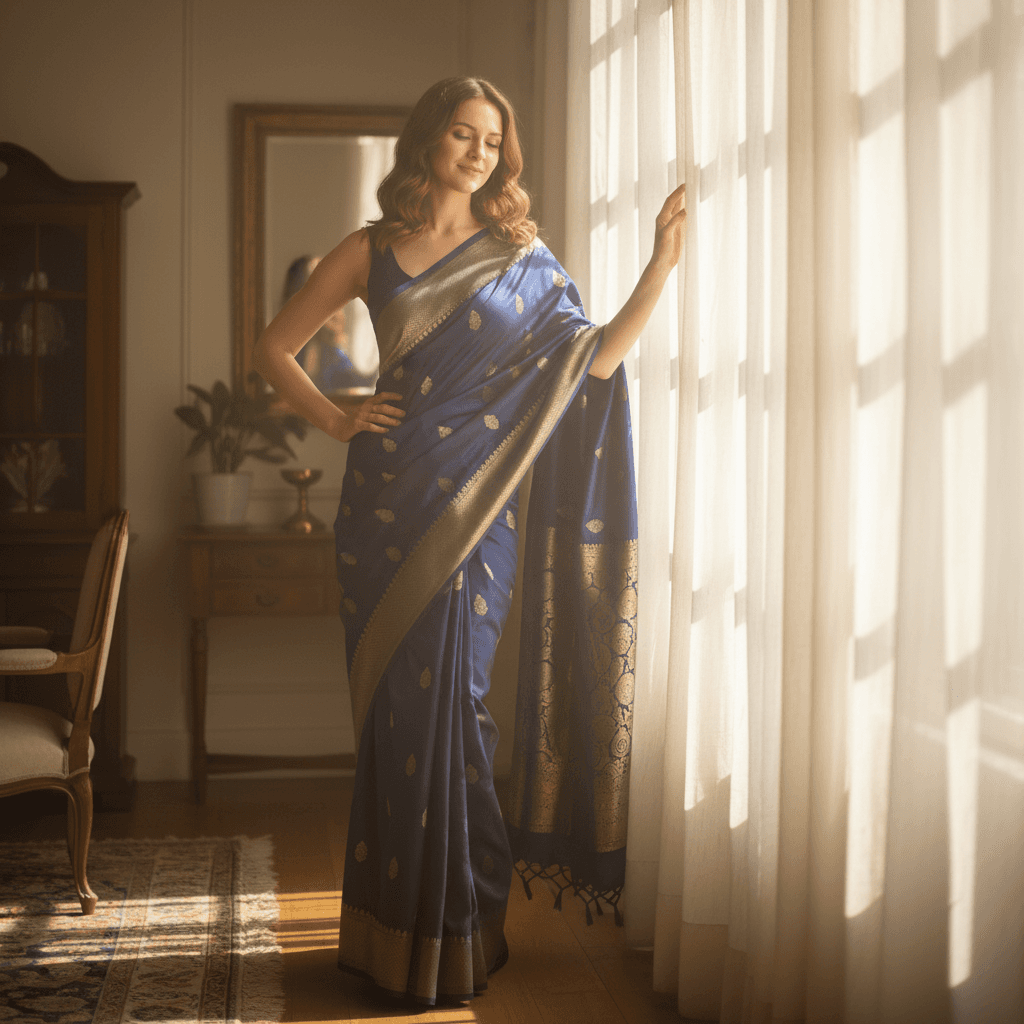 A graceful woman of European descent wearing a traditional silk saree, posing co
