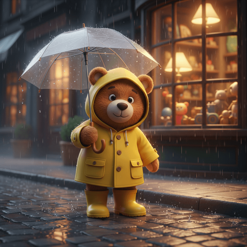 A cute 3D Pixar-style teddy bear wearing a tiny yellow raincoat and boots, holdi