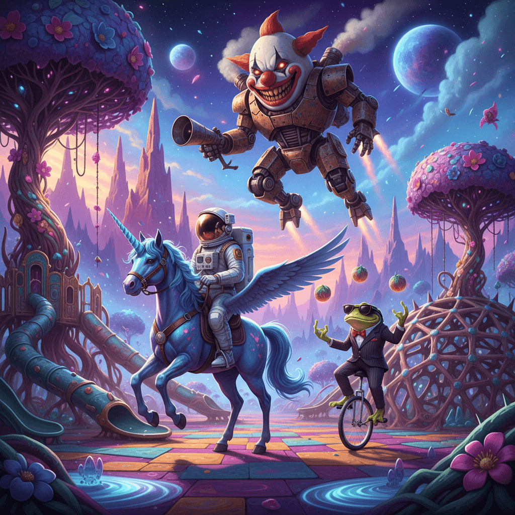An astronaut riding a unicorn through an alien playground. A giant mecha shaped 