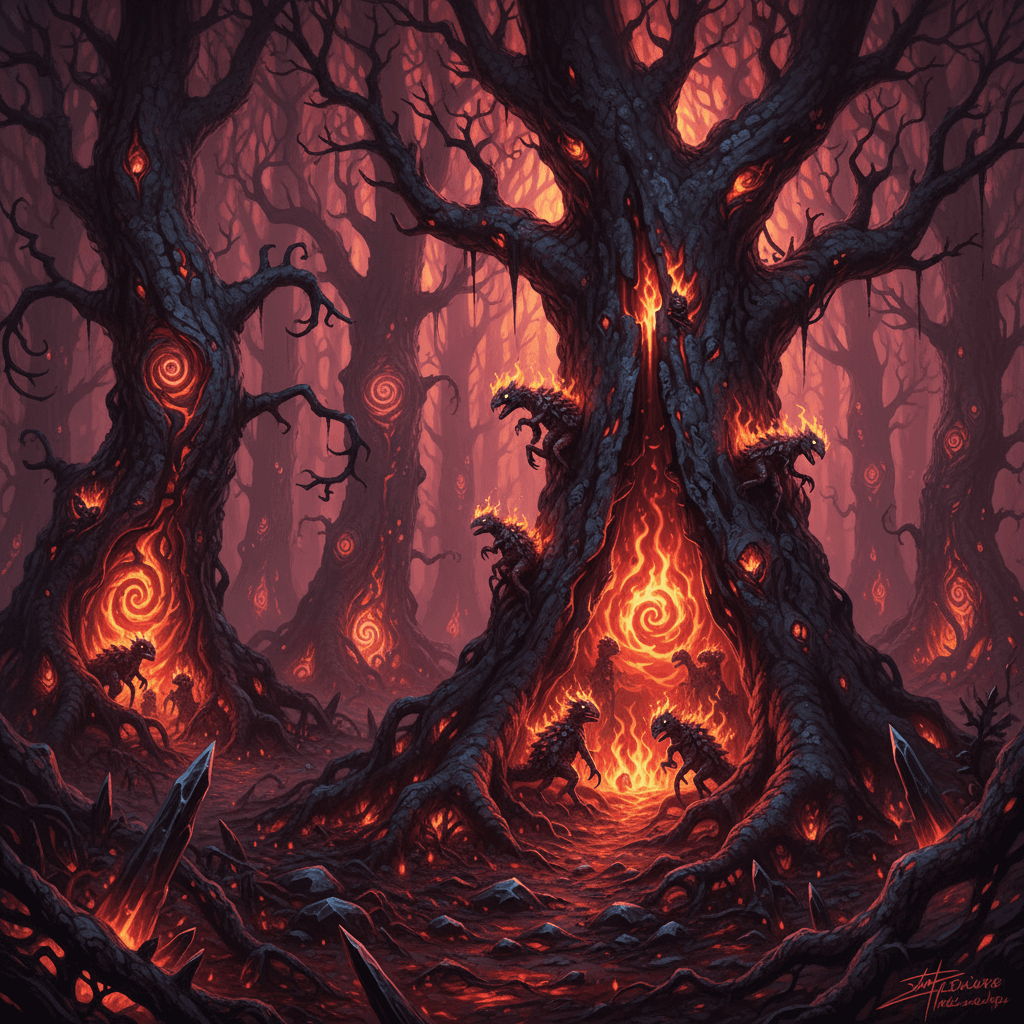 The trees in Hellish realms glow with a visible inner illusory flame, so as to c