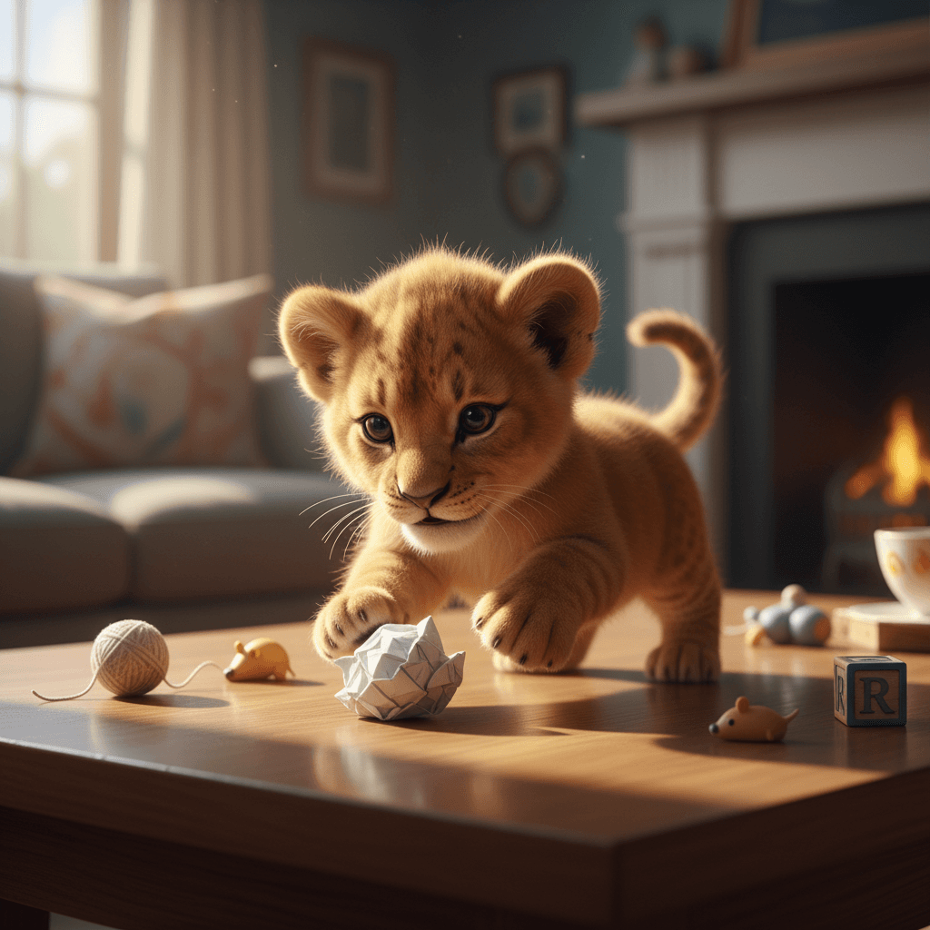 cute tiny lion playing on a table