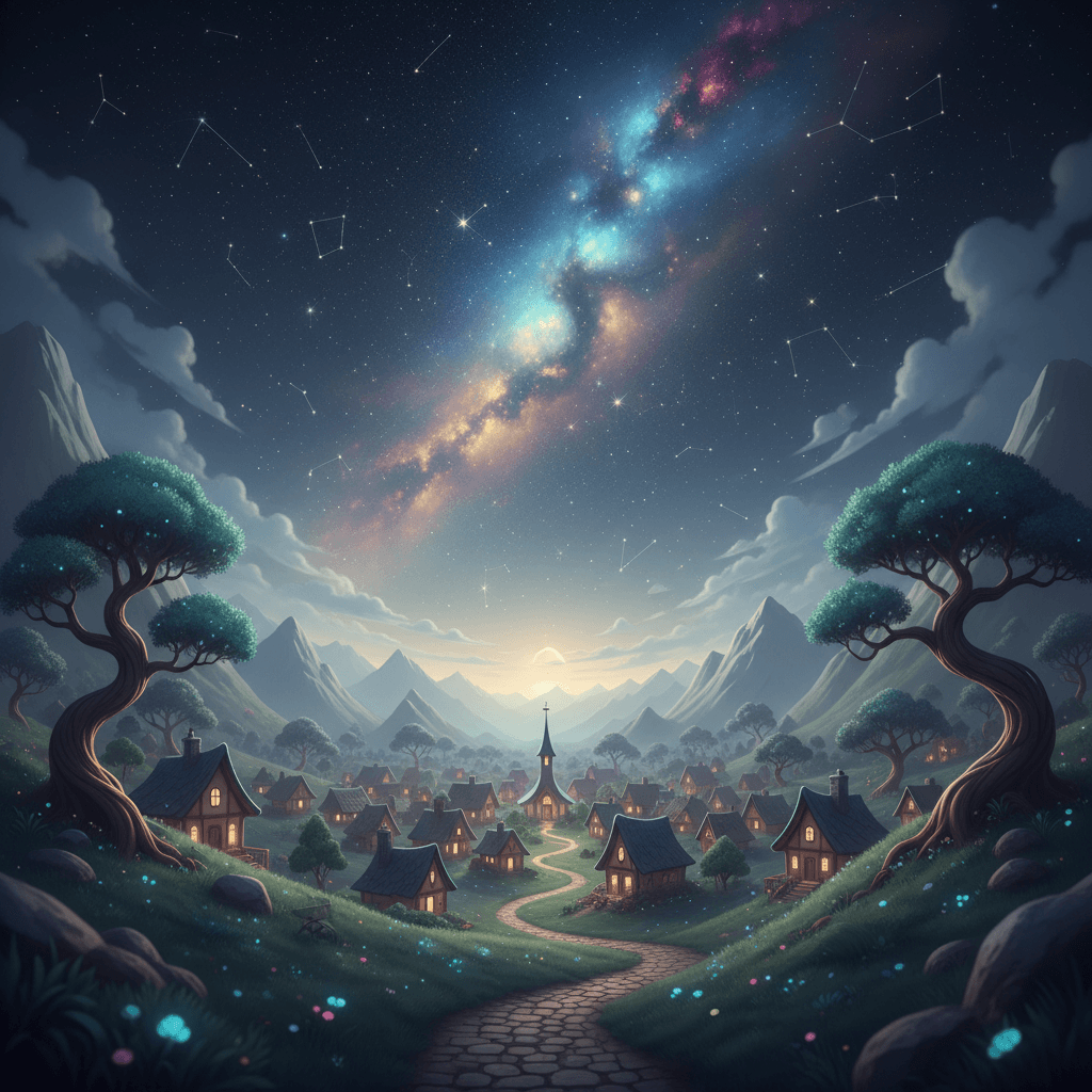 A stunning starry night in a 3d landscape with a sleepy little village in the ba