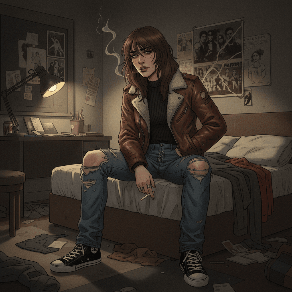 A semi-realistic illustration of a masc-androgynous woman in early 2000s grunge 