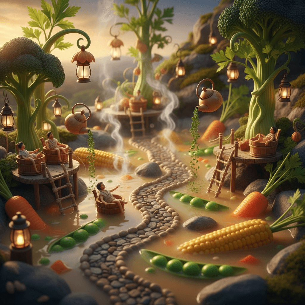 A cozy miniature village built around bubbling hot springs of vegetable soup. Ti