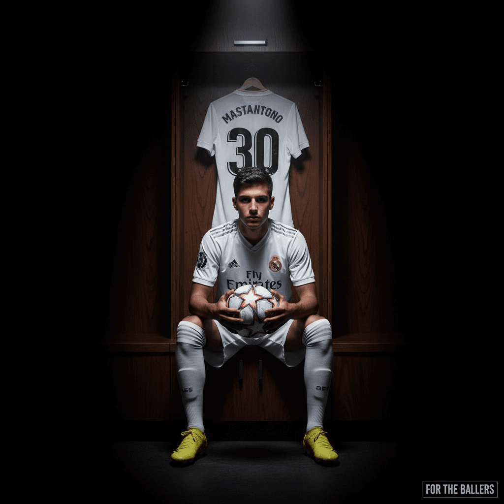 A hyper-realistic studio-style photograph of a football player exactly looking l