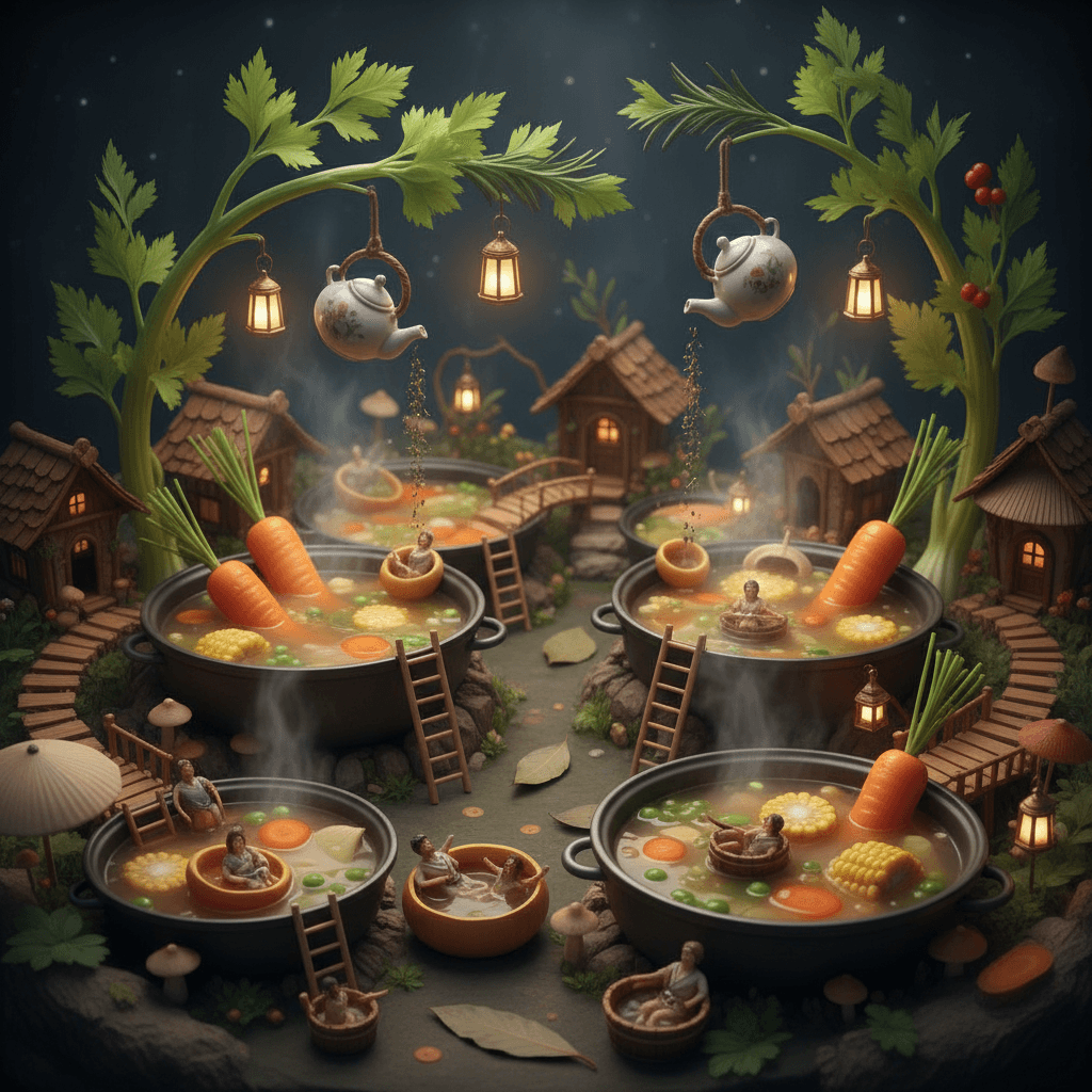 A cozy miniature village built around bubbling hot springs of vegetable soup. Ti