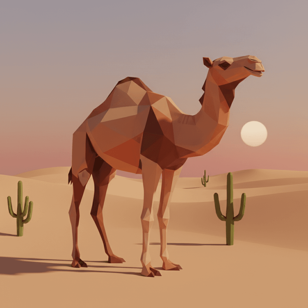 A low-poly 3D render of a camel built from clean triangular facets with flat san