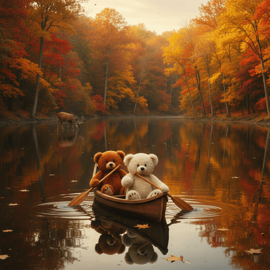 Two fluffy teddy bears paddling a wooden canoe on a calm lake surrounded by colo