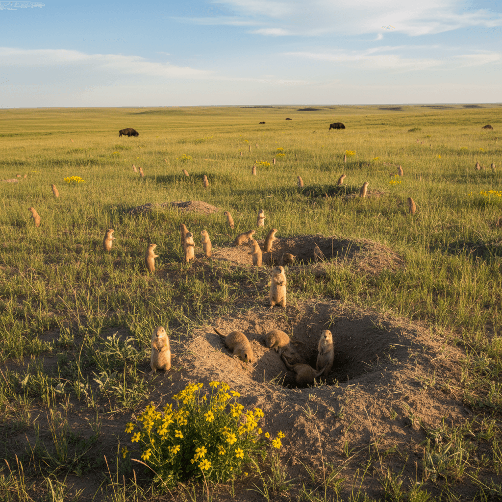 A prairie dog colony in the grassland prairie, with members out of their burrows