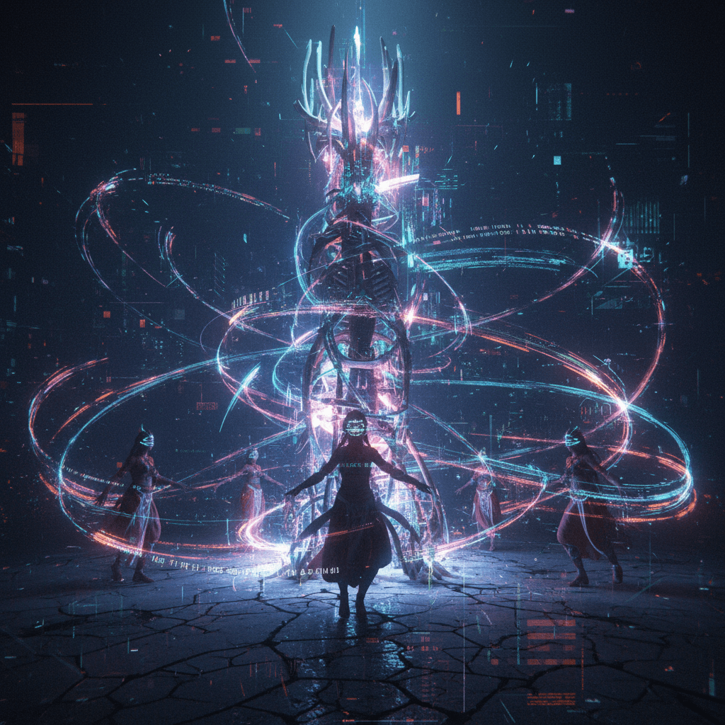 A ritual dance encircles an AI totem forged from petrified bone and carbon fiber