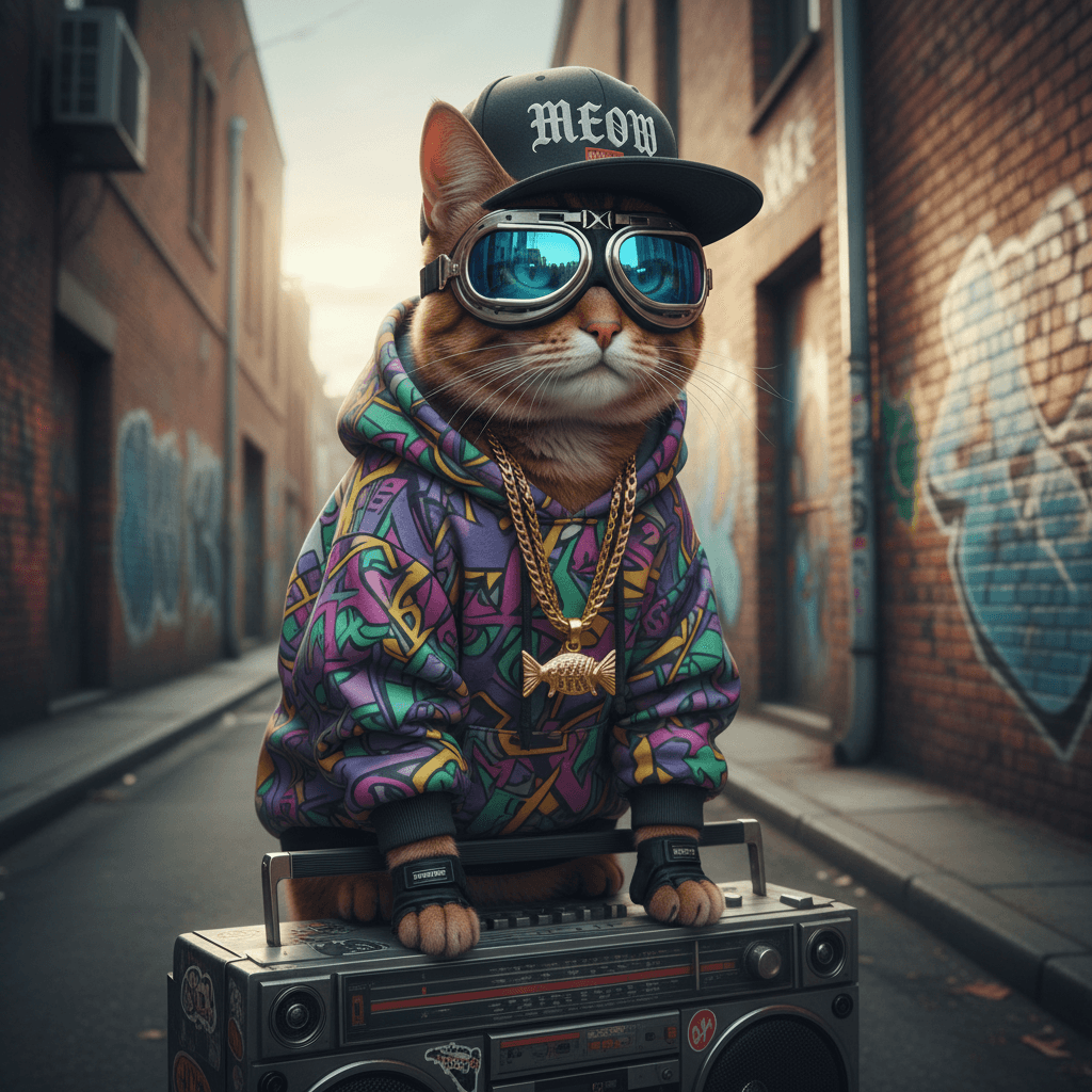 cat wearing hiphop hoodie and goggles