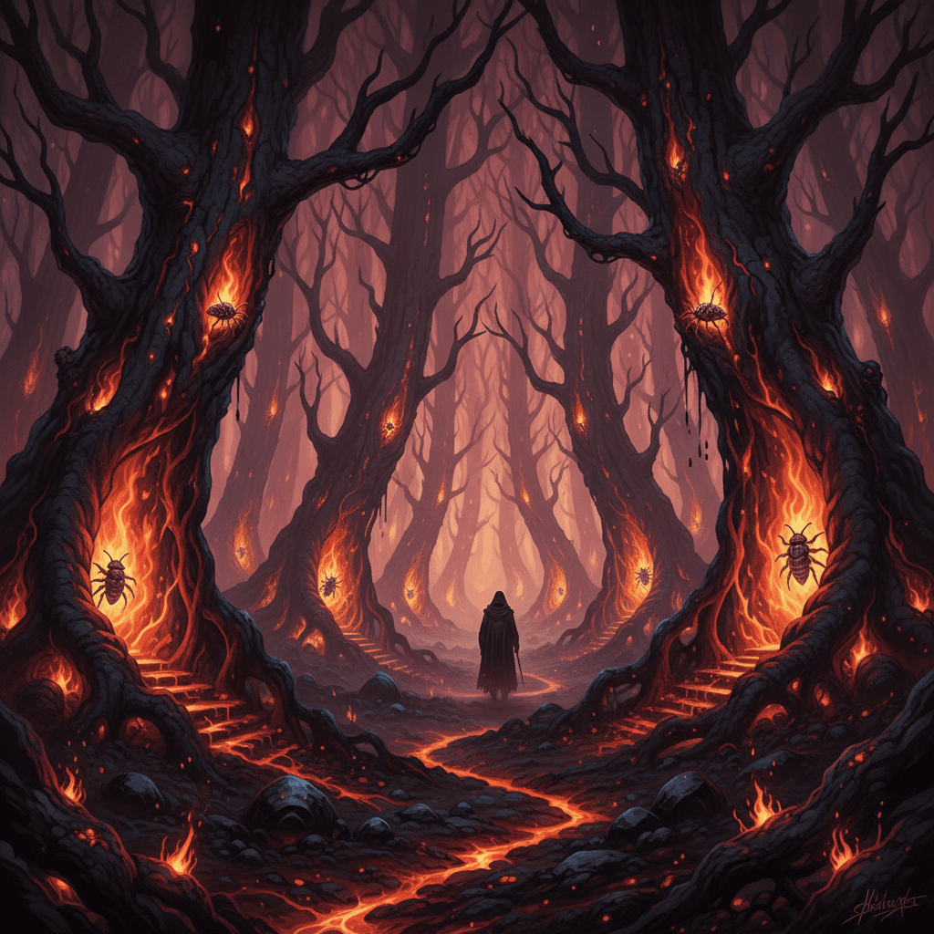 The trees in Hellish realms glow with a visible inner illusory flame, so as to c