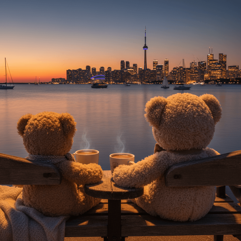 Two teddy bears sitting on a bench by Lake Ontario, holding a cup of hot chocola