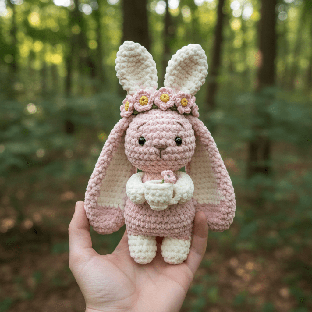 A close-up of a crocheted bunny toy in pastel pink and ivory white, held in a ha