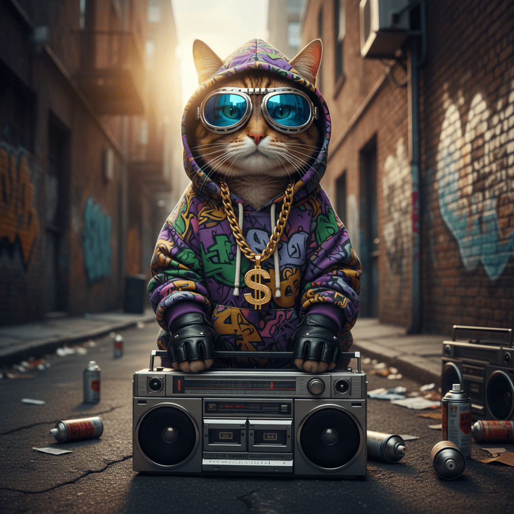 cat wearing hiphop hoodie and goggles