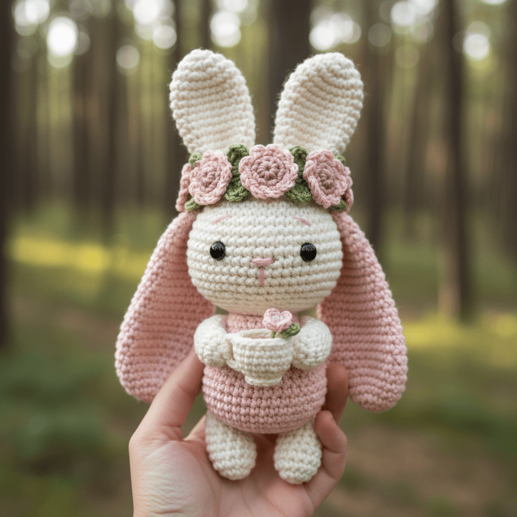 A close-up of a crocheted bunny toy in pastel pink and ivory white, held in a ha