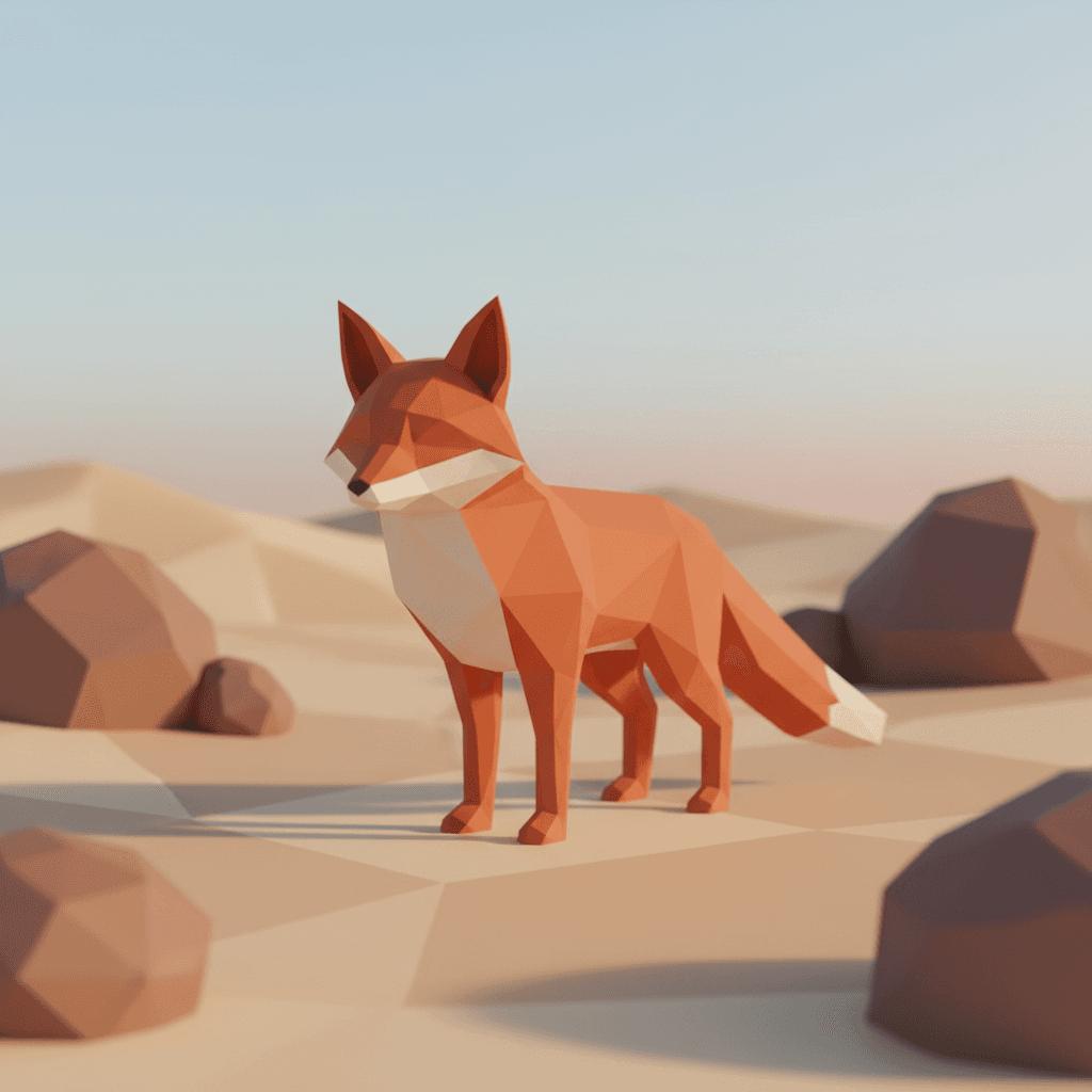 A low-poly 3D render of a fox composed of angular triangular polygons with flat 