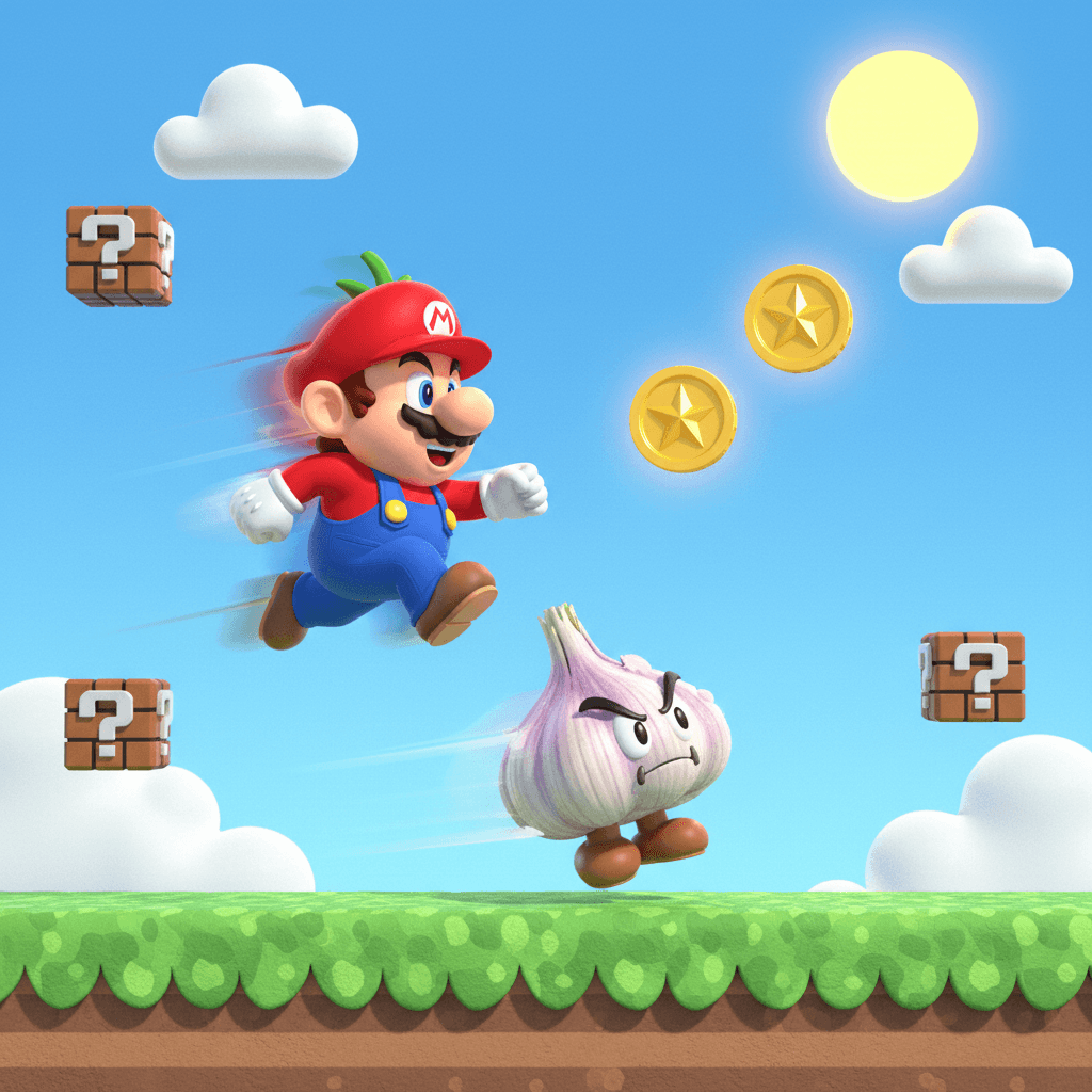 {Prompt:
A tomato-bodied Mario leaping mid-air over a Goomba made of garlic, wi