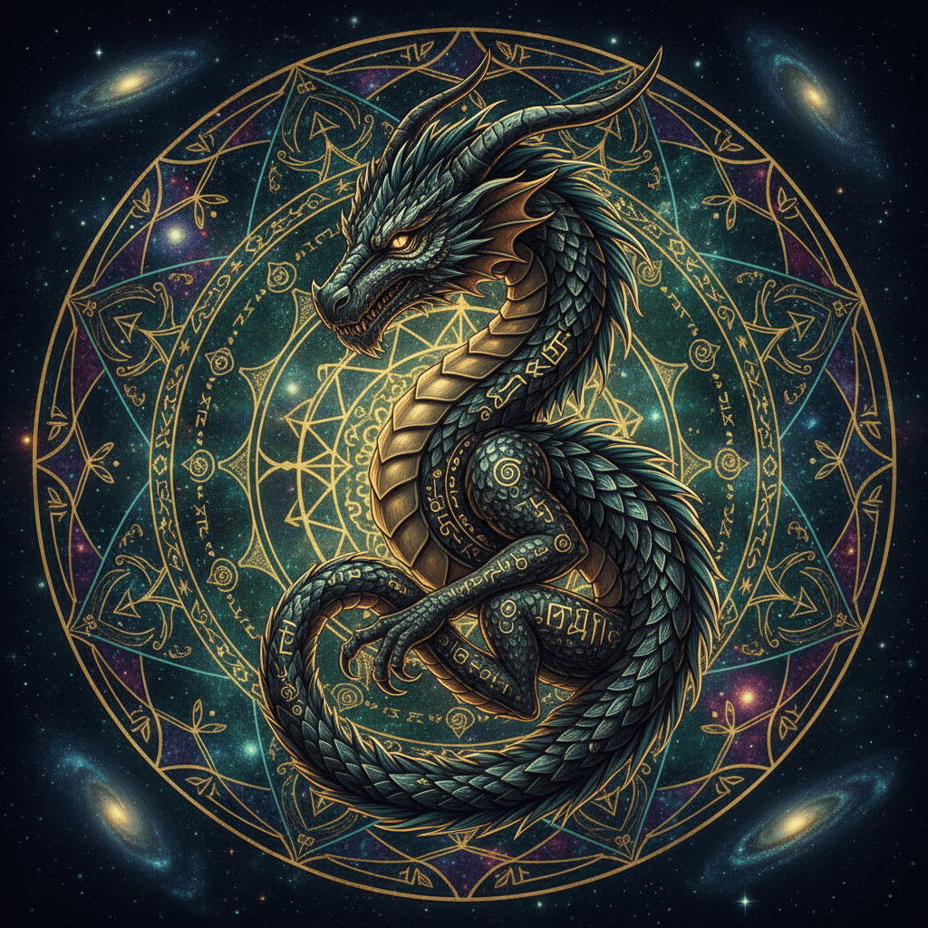 An ancient wise dragon at the center of a Celestial Mandala Odyssey, surrounded 