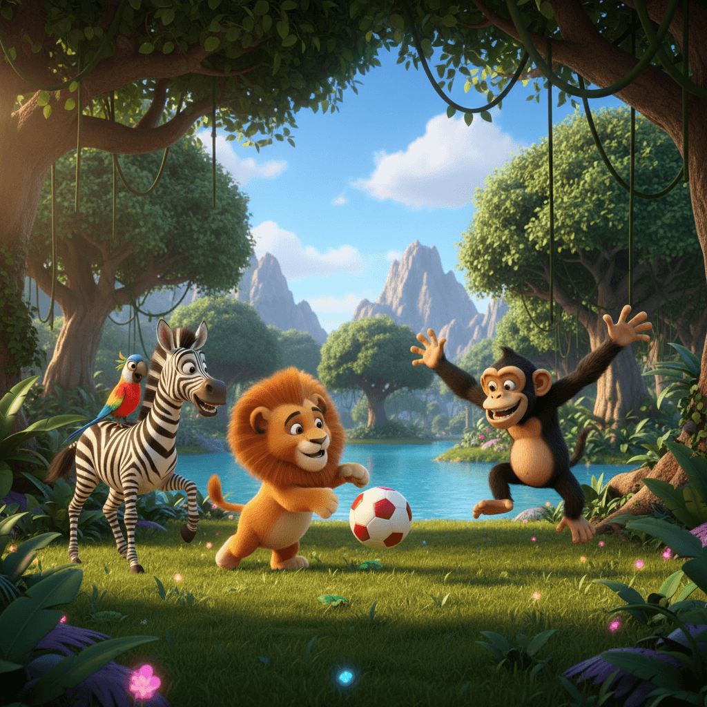 3d pixar style image of animals playing with ball in a jungle with lake view