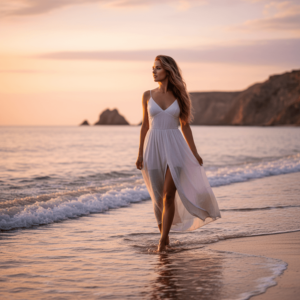   {
    "prompt": "A serene beachside portrait of a beautiful woman walking bar