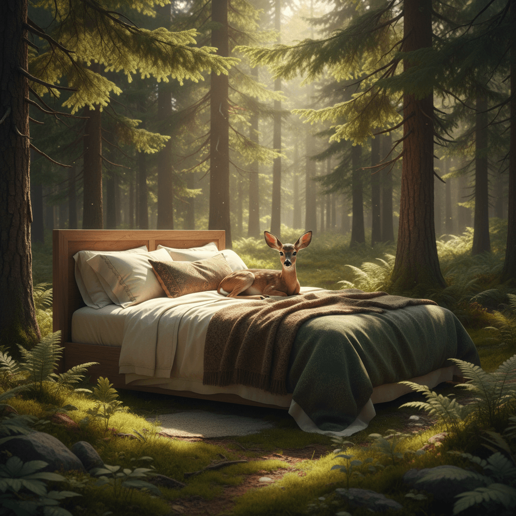 A small deer lies on a wide bed, covered with two pillows, the duvet hanging sli