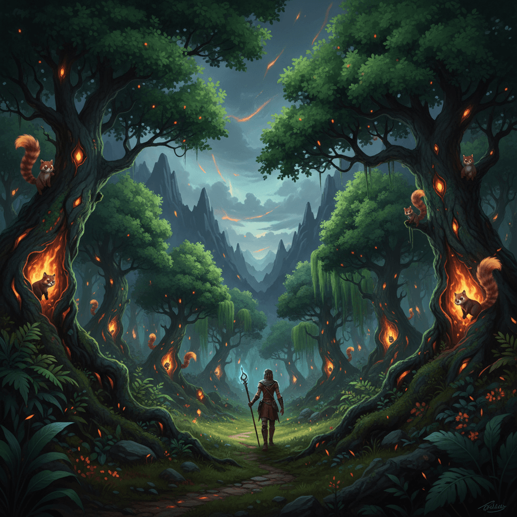 The flourishing trees in Hellish realms glow with a visible inner illusory flame