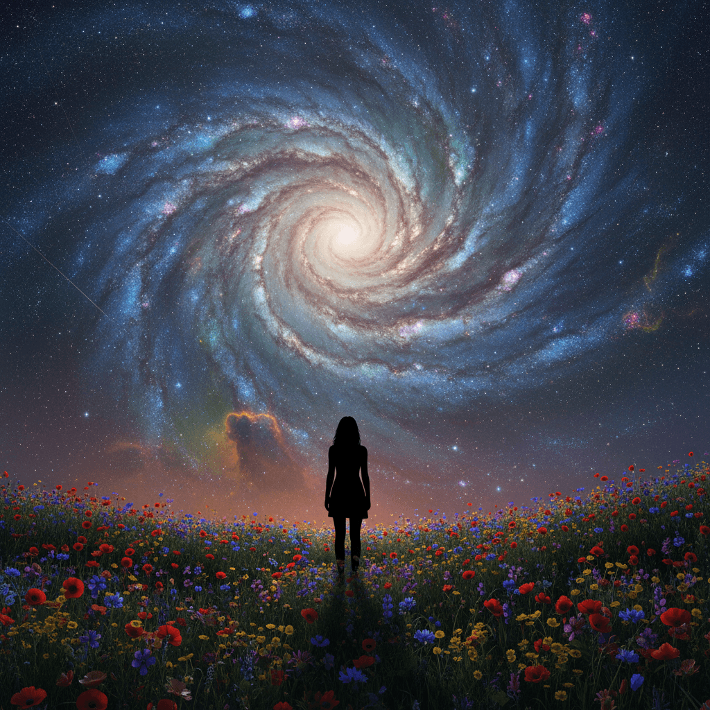 "A huge colorful galaxy spinning and a silhouette of a girl looking up on it sta