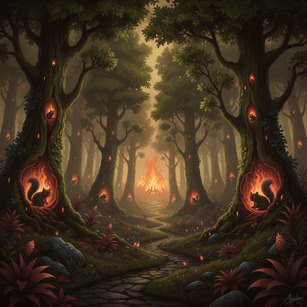 The flourishing trees in Hellish realms glow with a visible inner illusory flame