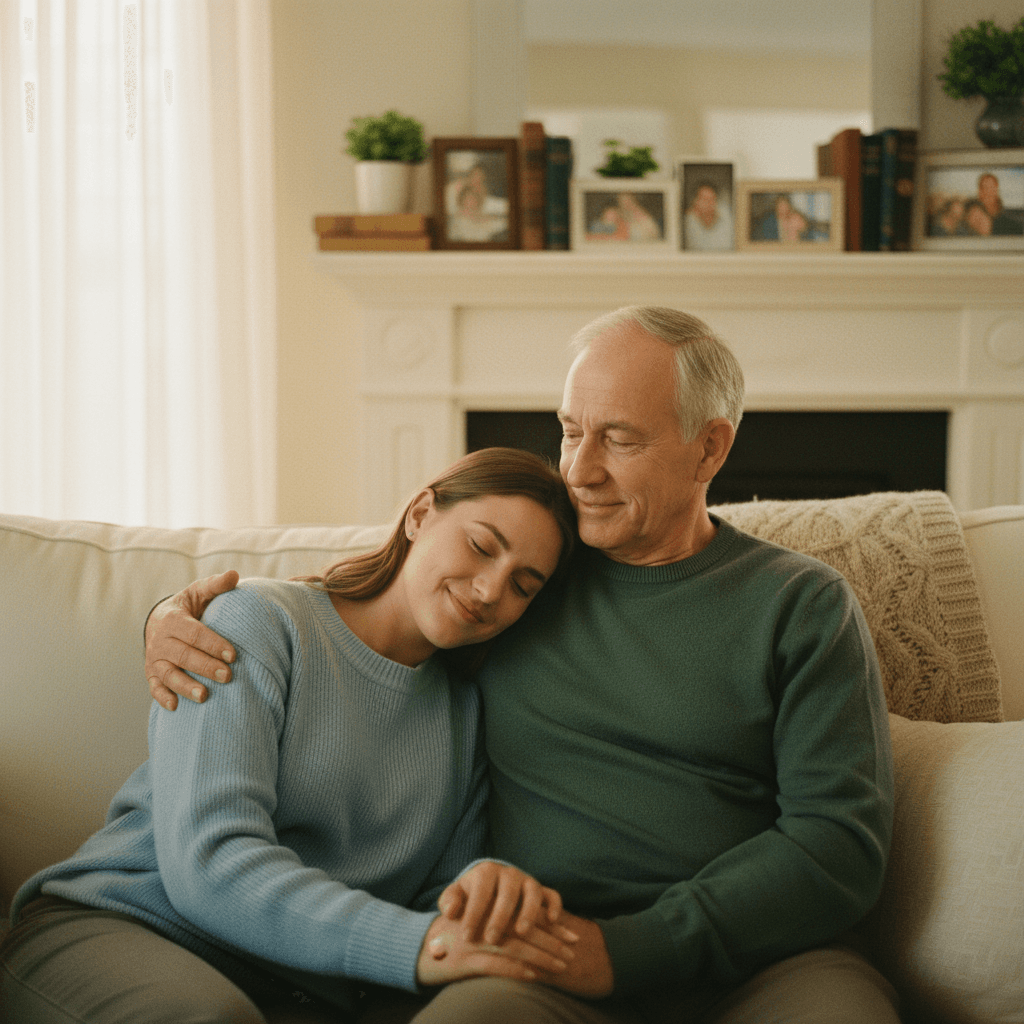 Create a loving portrait of me and my father without changing the faces. Change 